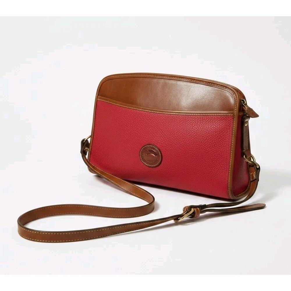 Dooney Bourke Red & Tan All Weather Leather Crossbody Footed Bag Purse Vintage